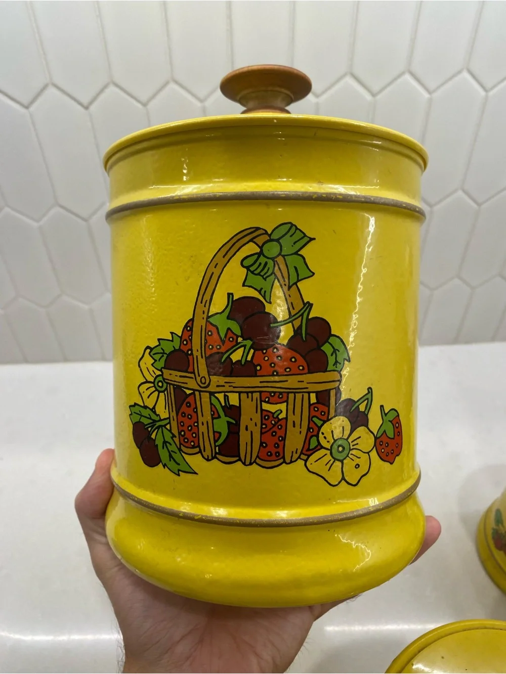 Vintage 1960 MCM Kromex Canister Set Yellow Floral Fruit Aluminum Nesting